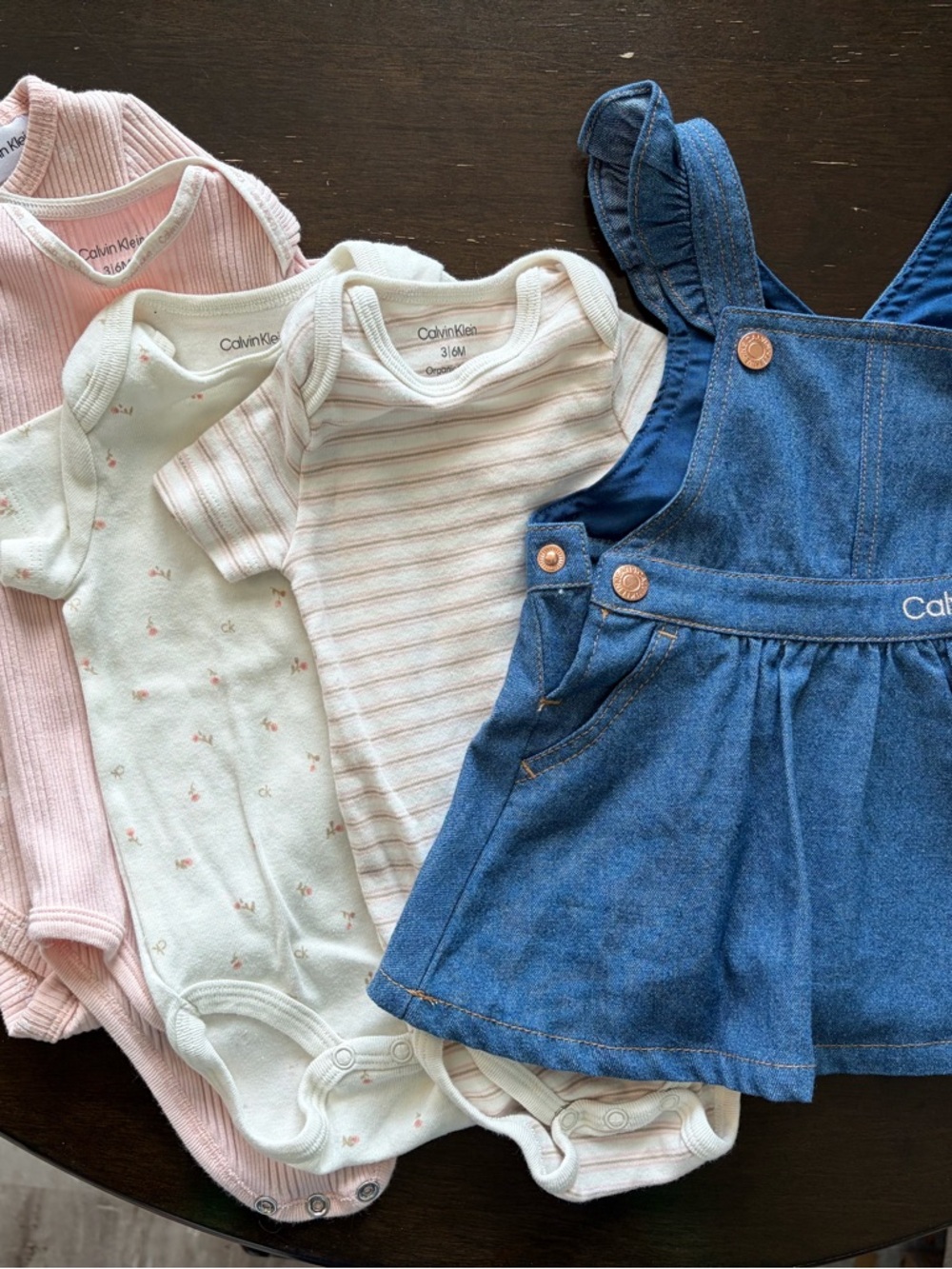 3-6 month girl Calvin Klein Blue Denim Baby Overall Dress with four onesies